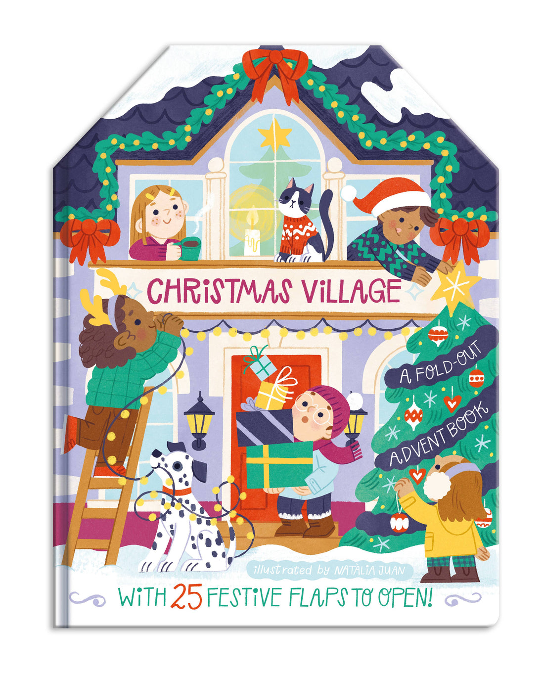 Children's book titled 'Christmas Village' with festive illustrations on a white background