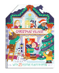 Children's book titled 'Christmas Village' with festive illustrations on a white background