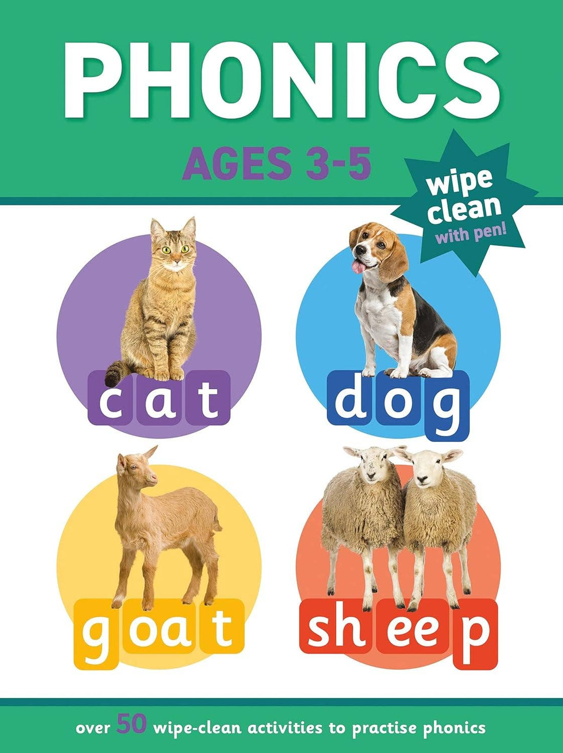 Book cover of 'Phonics Ages 3-5' with animals and words on a green background