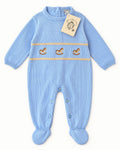Baby blue knitted romper with embroidered rocking horses
