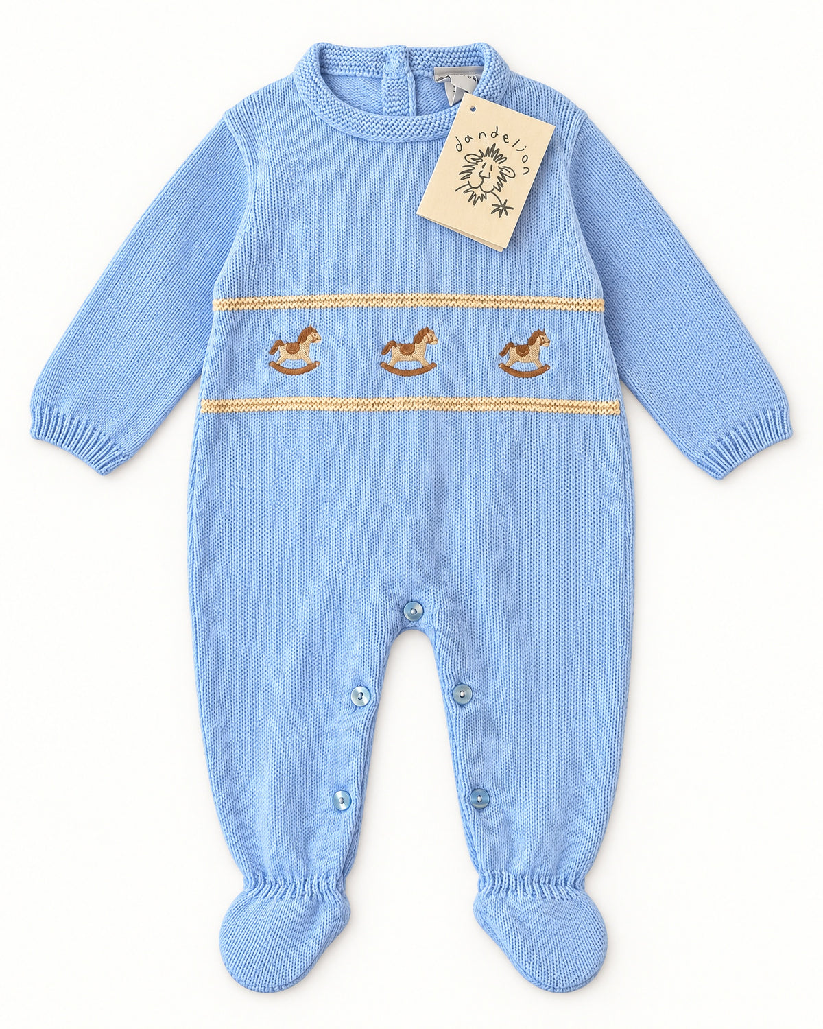 Baby blue knitted romper with embroidered rocking horses