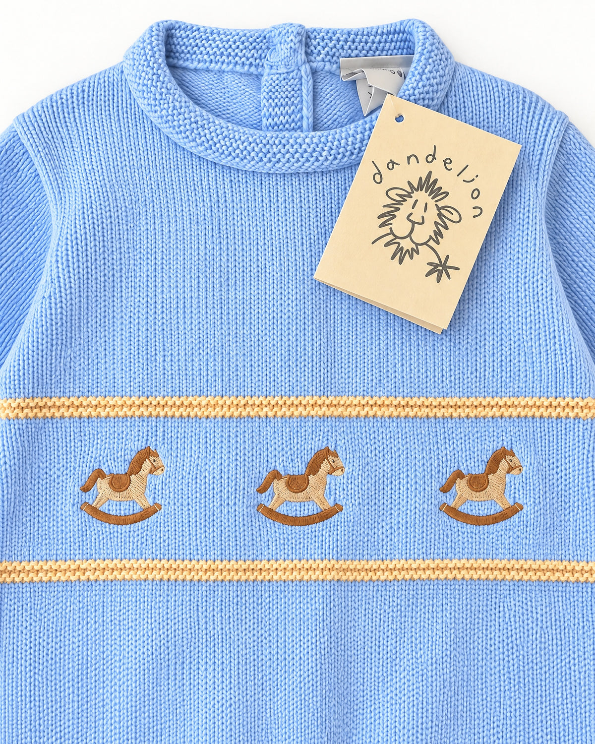 Blue knitted baby suit with three rocking horses on the chest