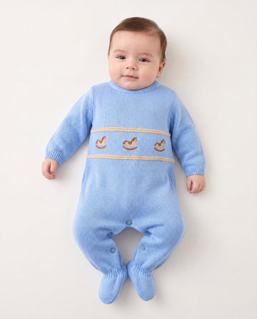 Dandelion baby boys’ blue knitted rocking horse romper