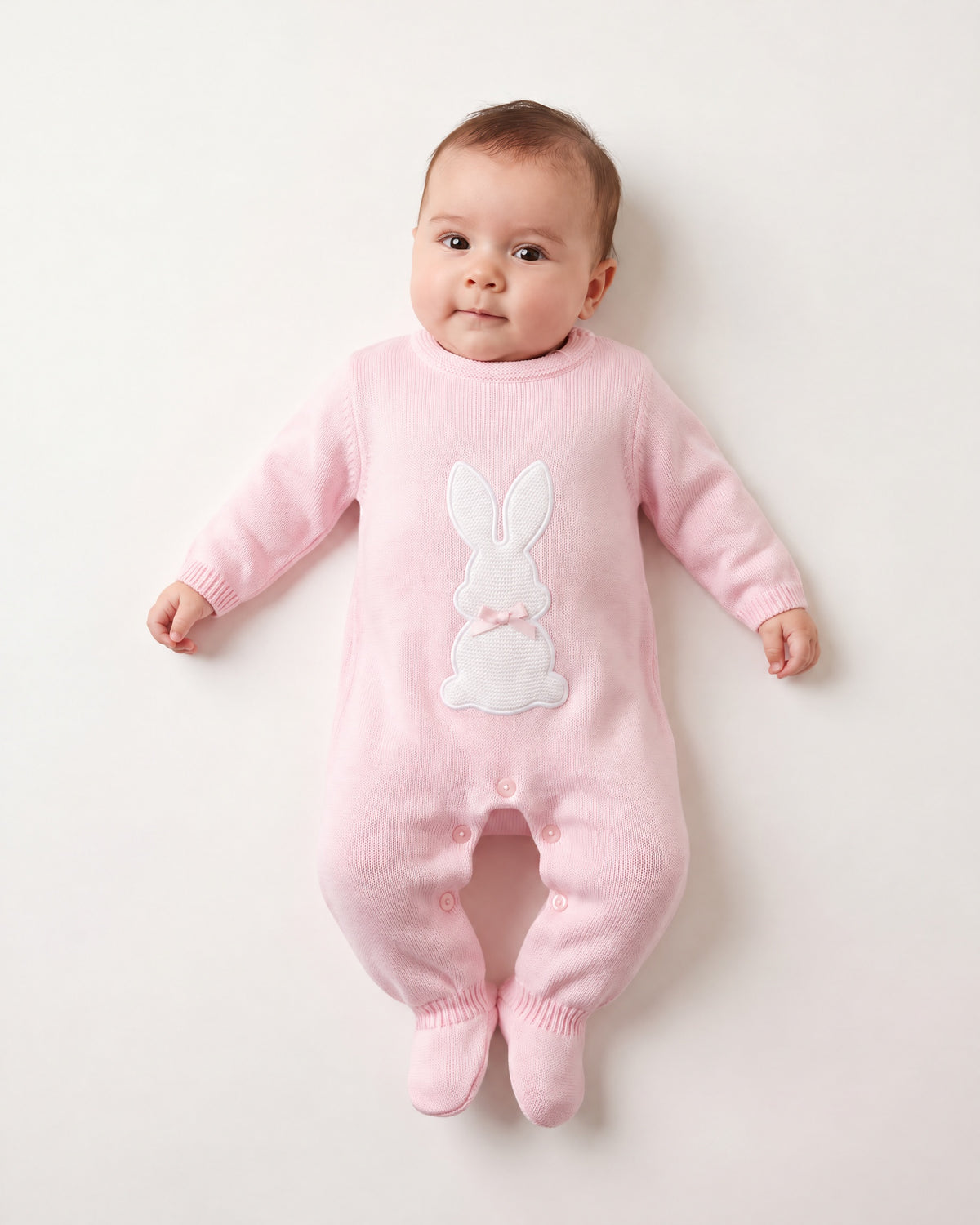 Dandelion pink knitted romper suit with a white bunny and satin ribbon