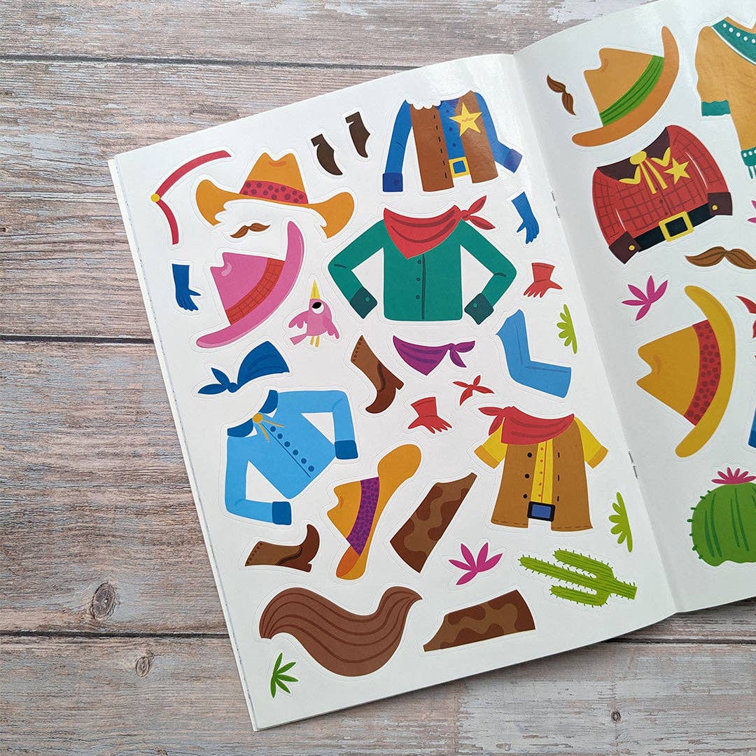 Cowboy clothing sticker sheet from Dress me up Cowboys colouring and sticker book.
