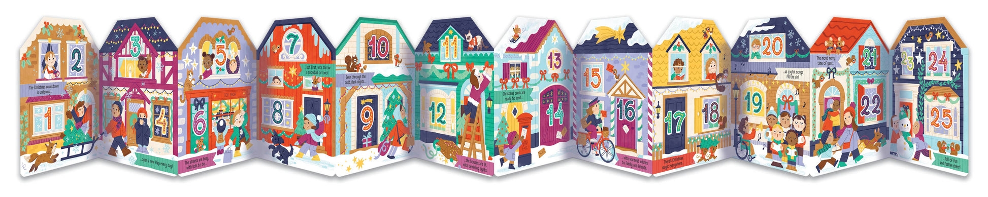 Christmas Village concertina book  opened to show colorful houses with numbers and people on a white background