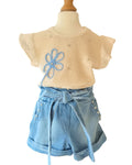 Girls summer outfit denim shorts cream floral top