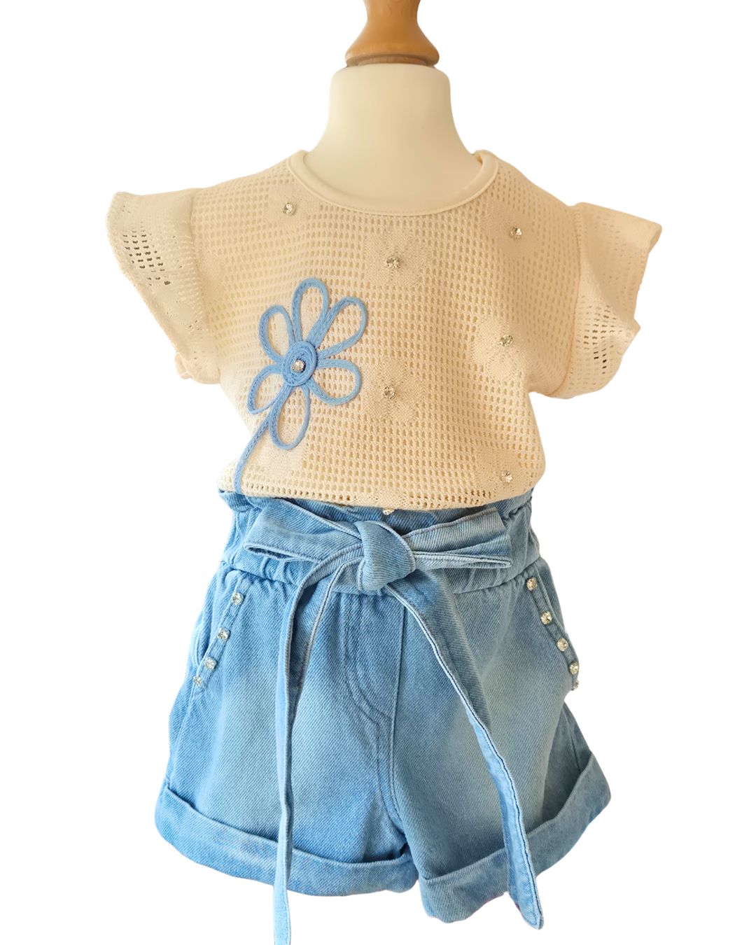 Girls summer outfit denim shorts cream floral top