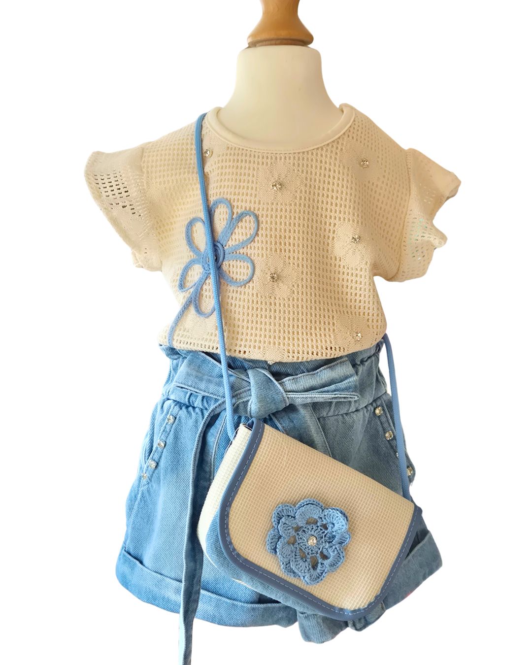 Girls denim shorts and flower top set with bag
