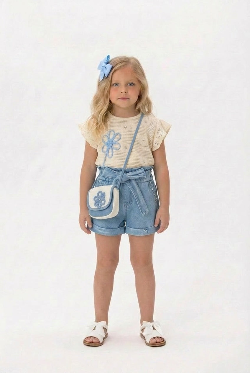 Girls denim shorts and flower top set with bag