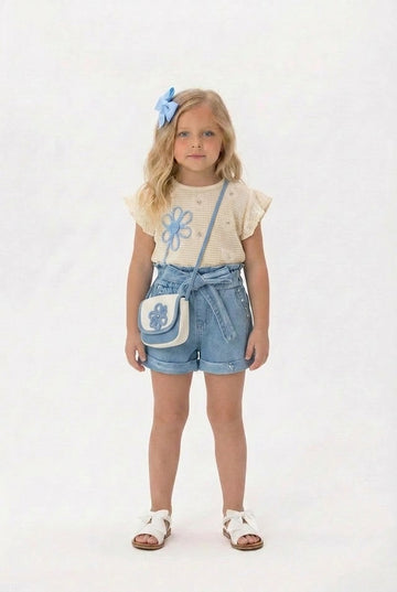 Girls denim shorts and flower top set with bag