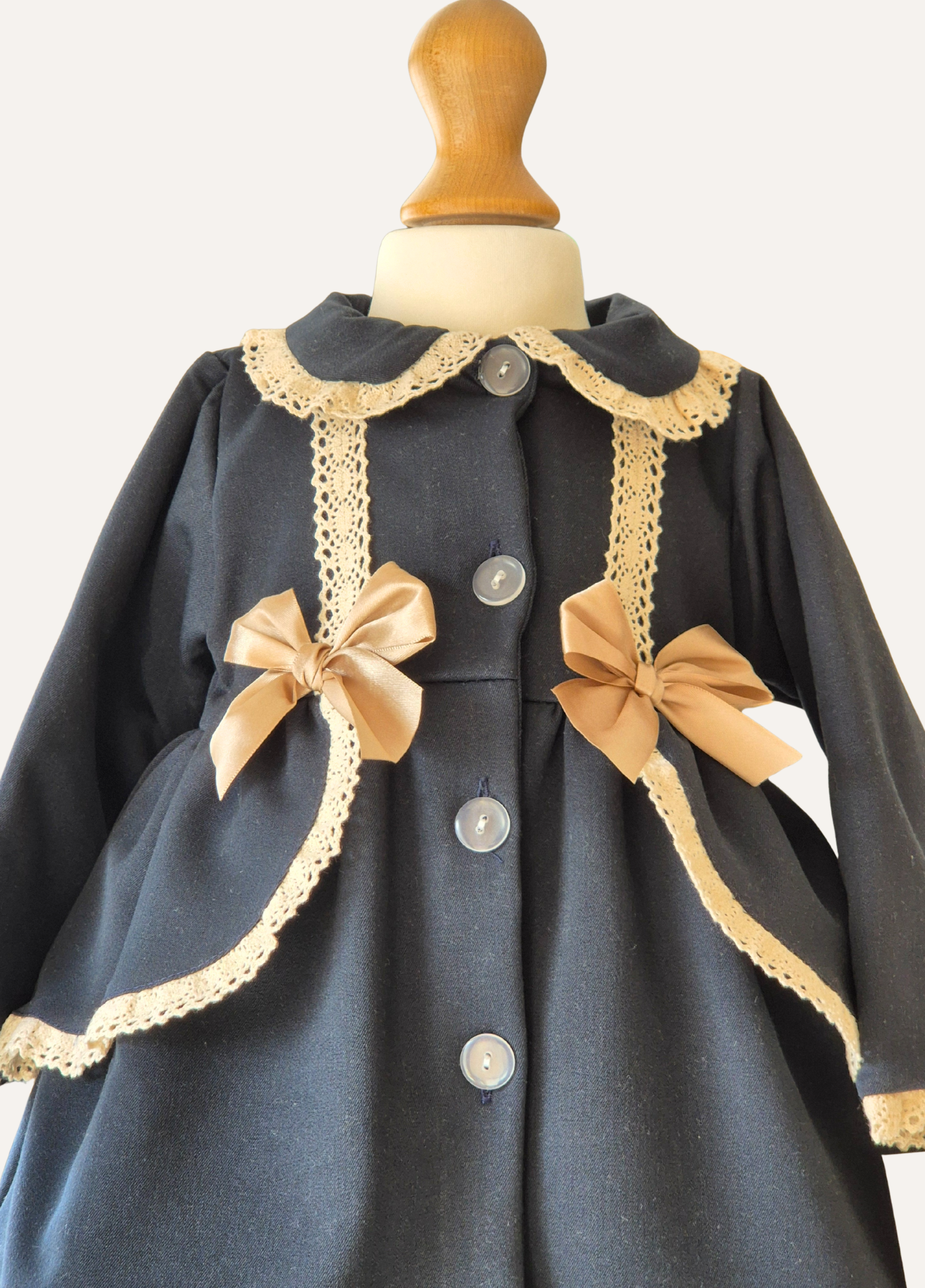 Girls Navy Blue and Beige Double bow with lace trim spanish coat