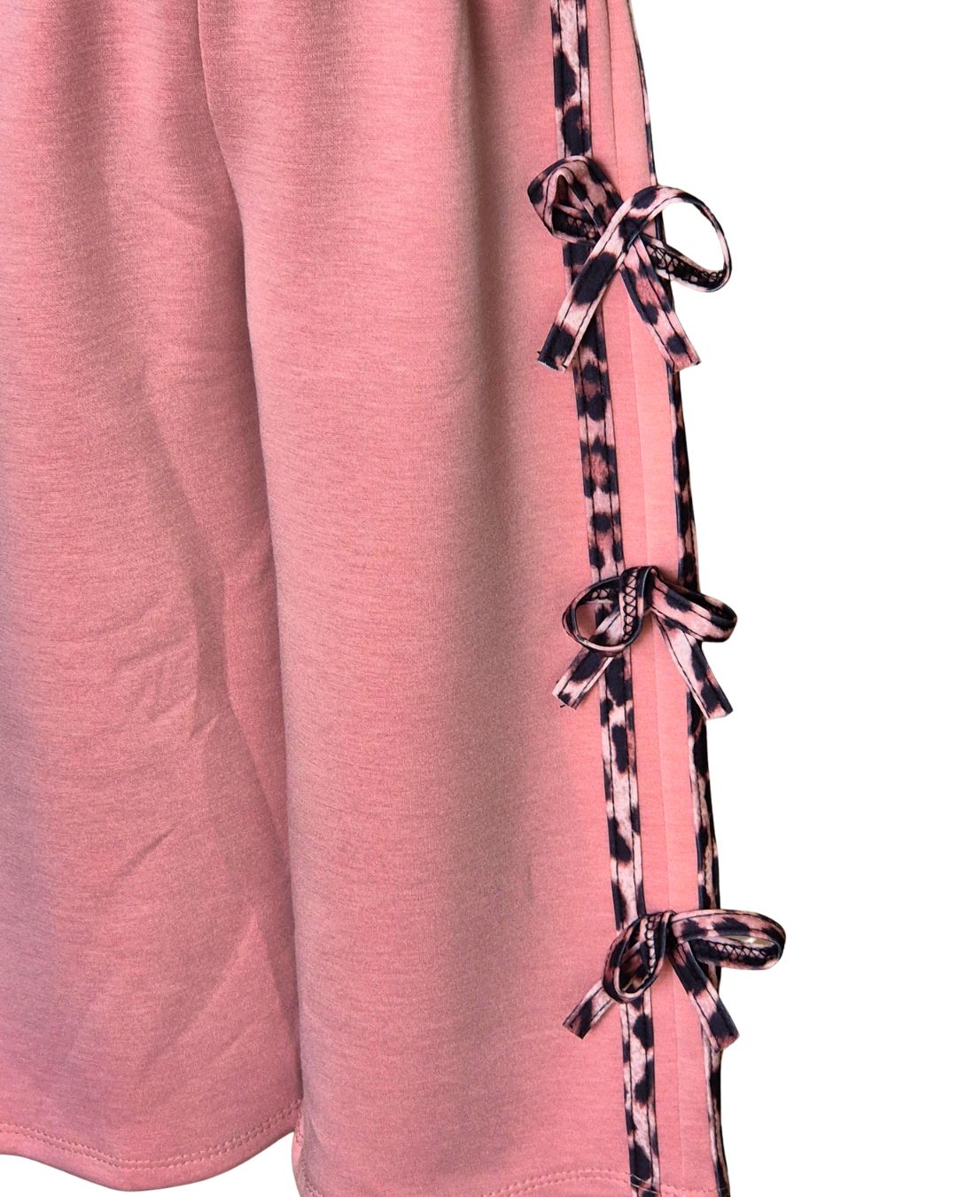 Girls dusky pink long sleeve top and animal print bow trousers