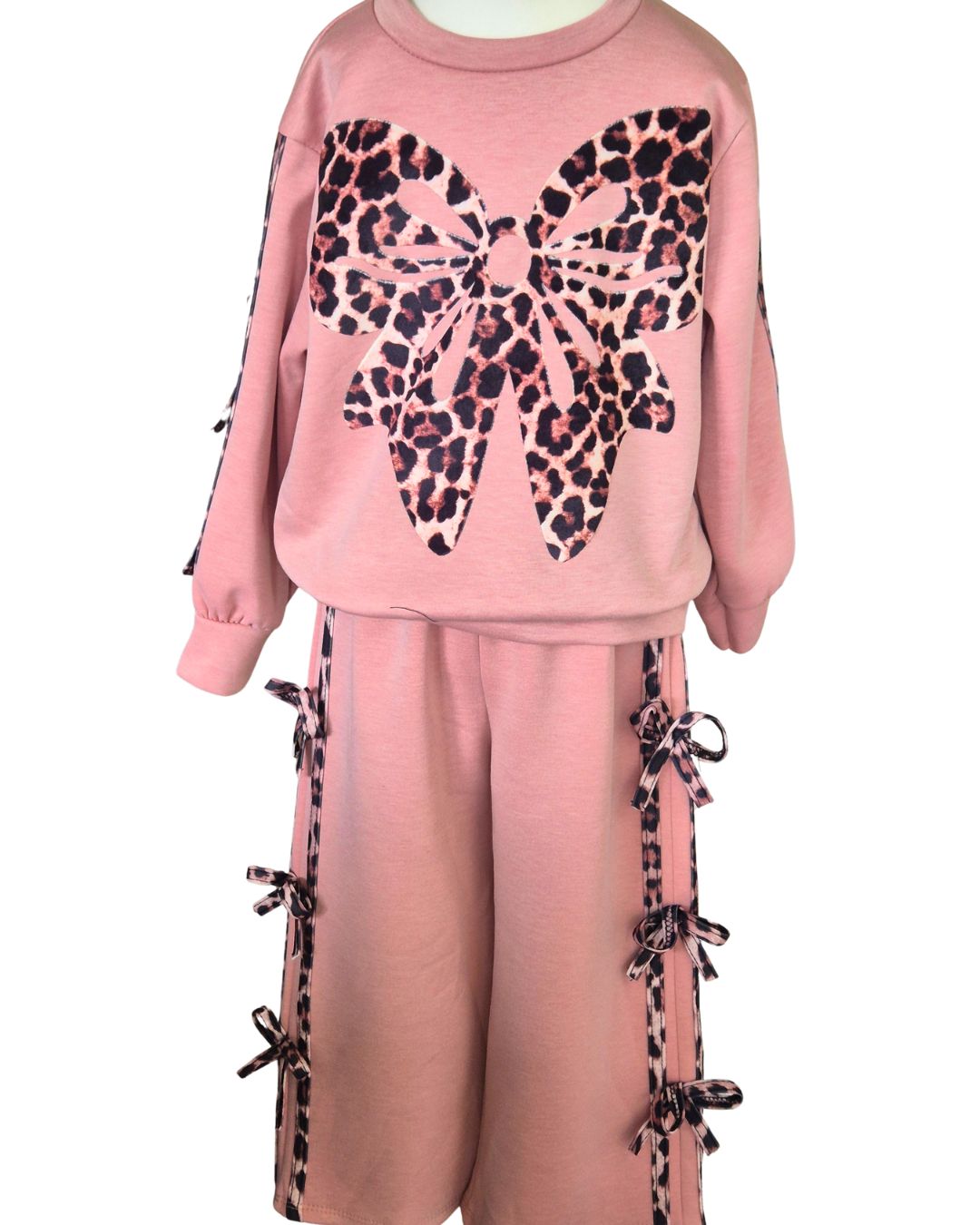 Girls dusky pink leisure suit with animal print bows