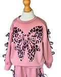 Girls dusky pink leisure suit with statement animal print bow