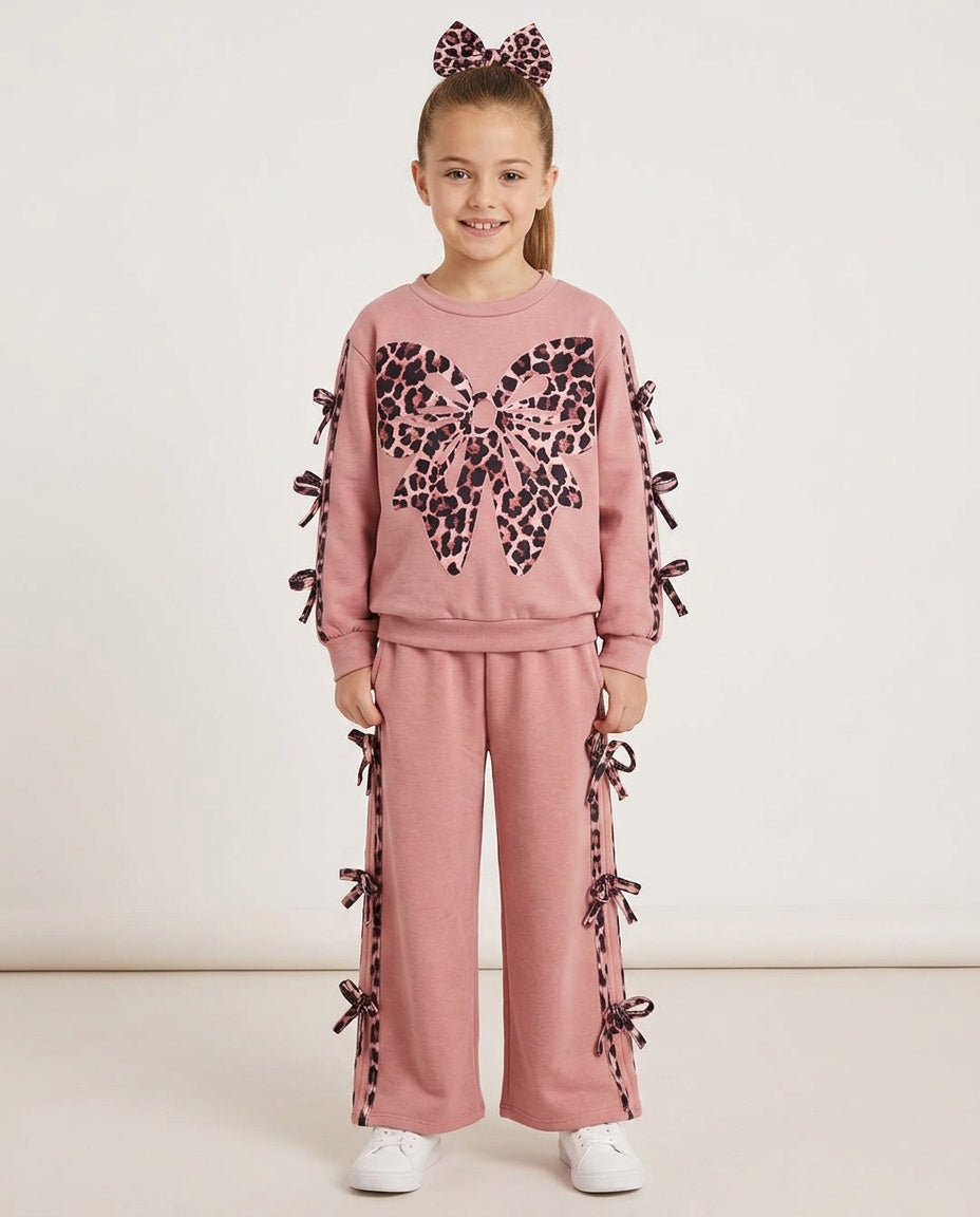 Girls dusky pink animal print bow leisure suit with flared trousers