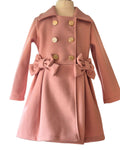 Girls dusky pink coat with Peter Pan collar and bows