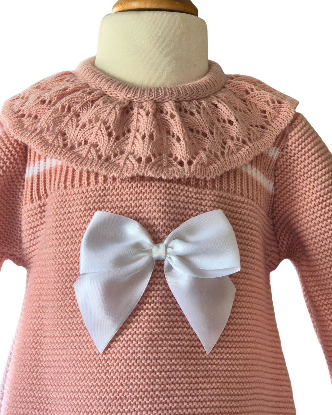 Baby girls’ knitted dress with striped chest and white satin bow