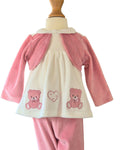Girls dusky pink teddy bear outfit with ivory swing top