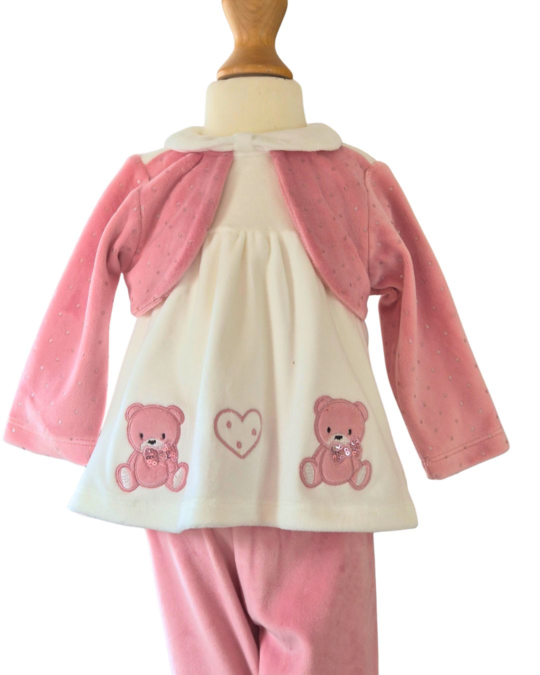 Girls dusky pink teddy bear outfit with ivory swing top