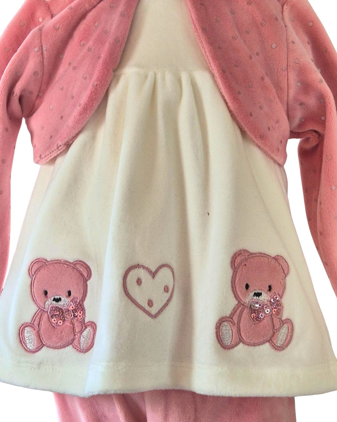 Girls dusky pink velour outfit with teddy bears and pink sequin bows