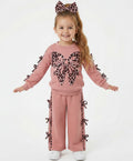 Girls dusky pink animal print bow leisure suit with flared trousers