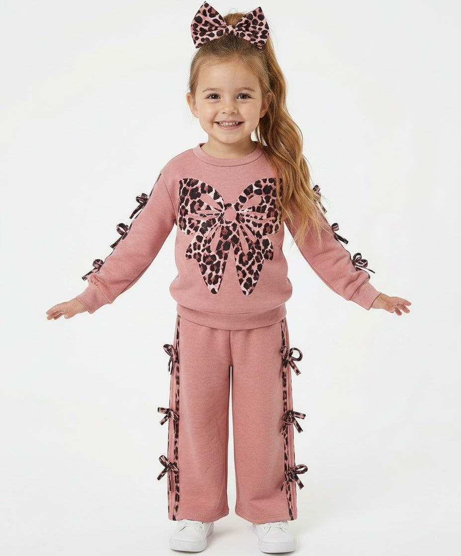 Girls dusky pink animal print bow leisure suit with flared trousers