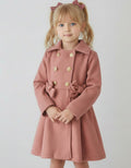 Girls dusky pink double bow coat with gold buttons