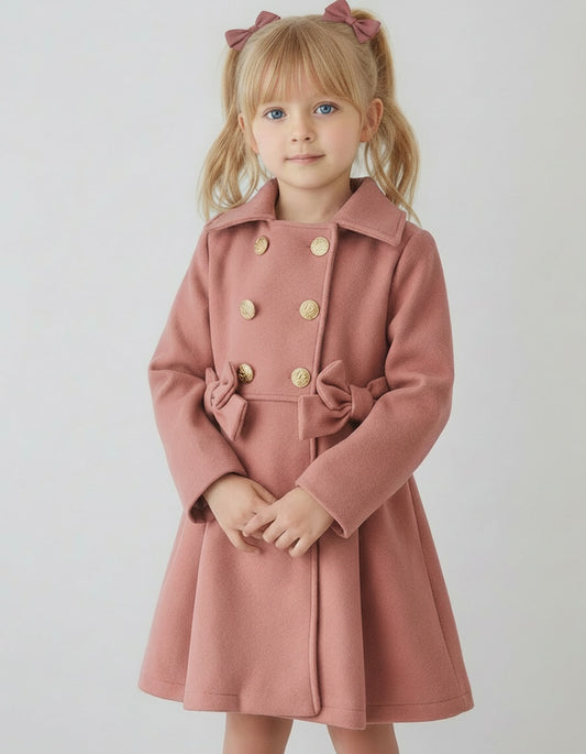 Girls dusky pink double bow coat with gold buttons