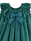 Girls’ jewel green velvet dress with frilled neckline