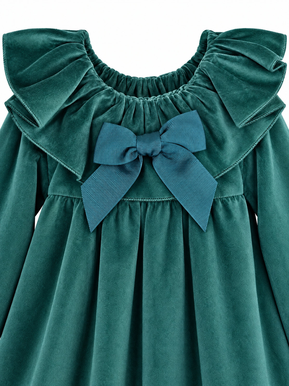 Girls’ jewel green velvet dress with frilled neckline
