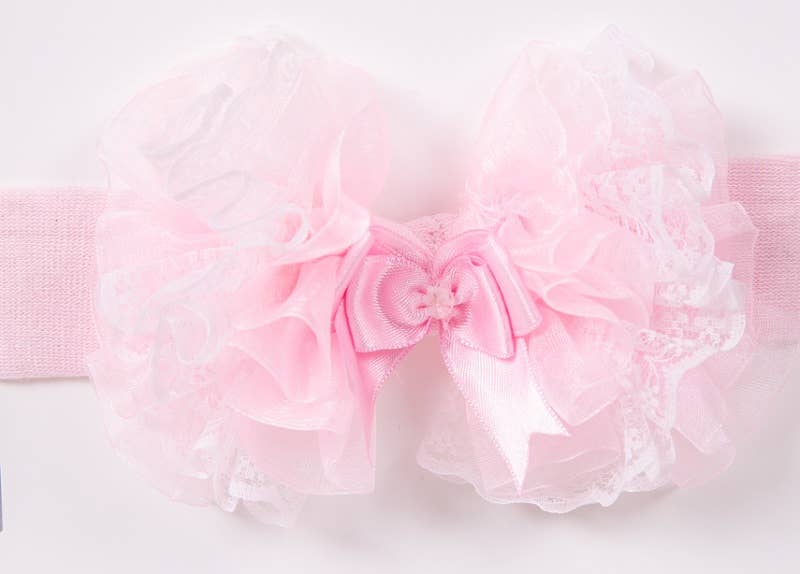 Pink Soft headband withPink bow with ruffles on a white background