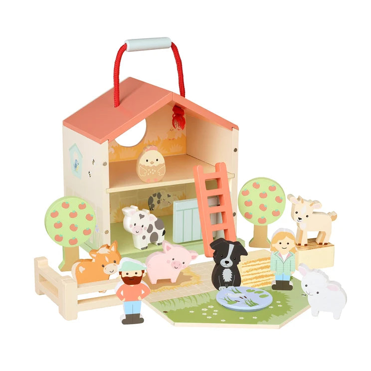Wooden farm play set for storytelling and role play