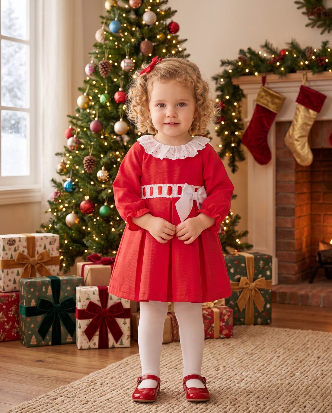 Girls’ festive red Christmas dress with white bow and frill collar