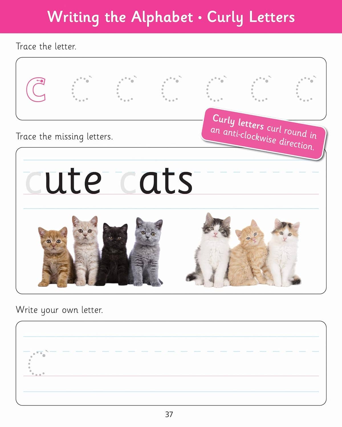 Educational page from a book with letter tracing activities and images of cats.