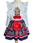 Neon Kids girls’ white top and navy blue Christmas skirt outfit