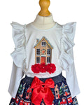 Girls’ gingerbread house top with festive printed skirt