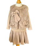 Girls mink beige pleated skirt and faux fur gilet outfit