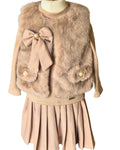 Girls beige faux fur gilet outfit with skirt and handbag