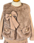 Girls beige faux fur gilet with pearl and gold button details