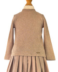 Girls beige ribbed top faux fur gilet and pleated skirt set