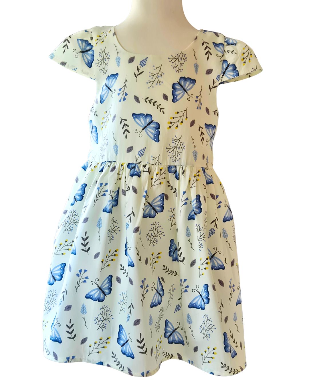 Girls blue butterfly print summer dress with full skirt