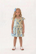 Girls blue butterfly print summer dress with full skirt