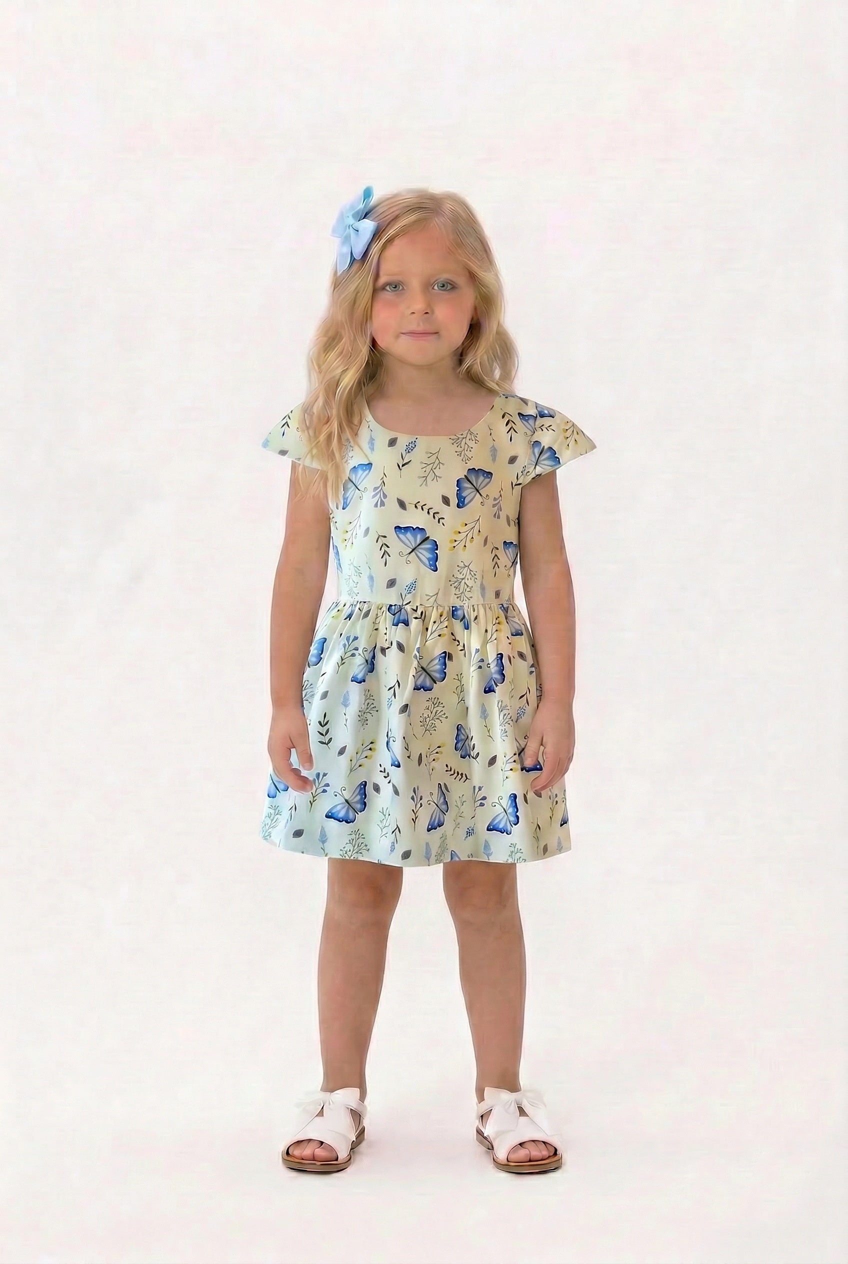 Girls blue butterfly print summer dress with full skirt
