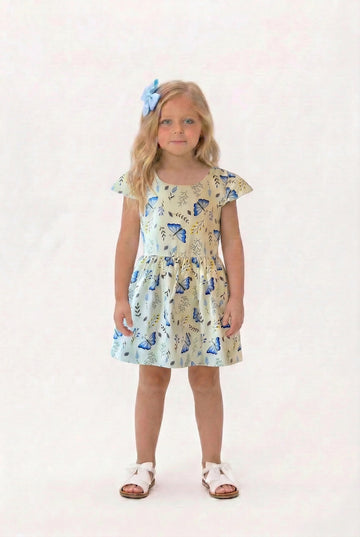 Girls blue butterfly print summer dress with full skirt