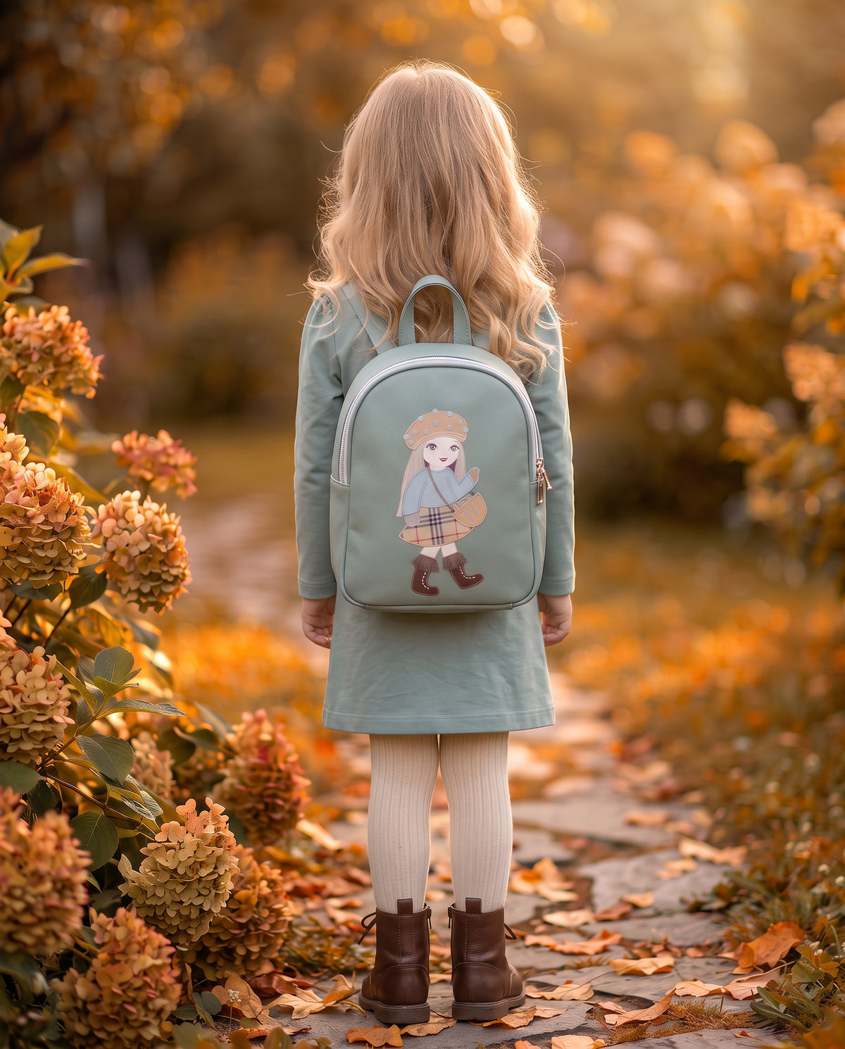 Duck egg blue girls dress with 3D doll motif and crystal details