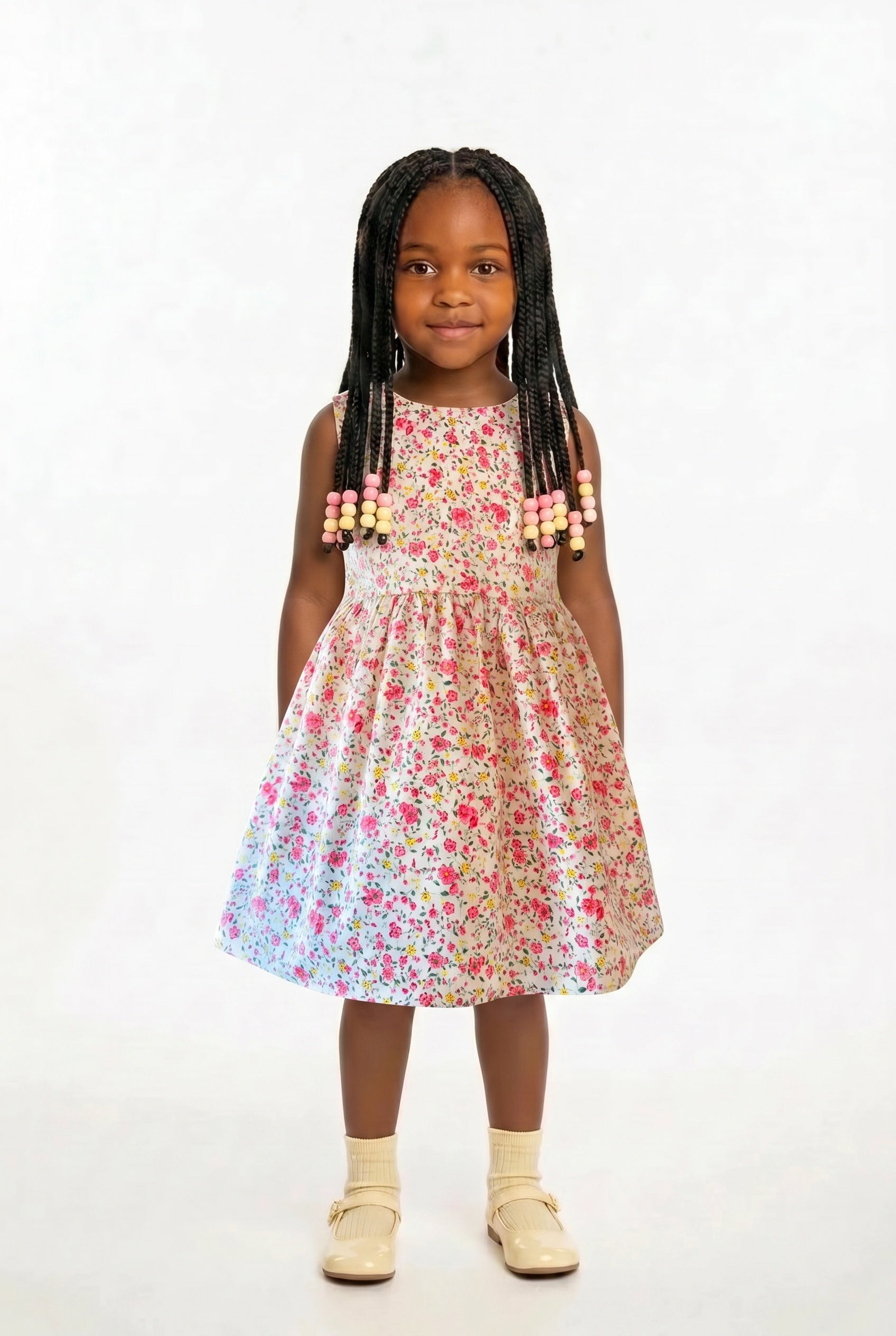 Girls pink floral summer dress with full skirt