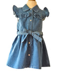 Girls A-line denim dress with tie belt