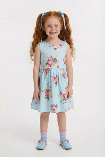 Girls blue floral summer dress vintage rose print