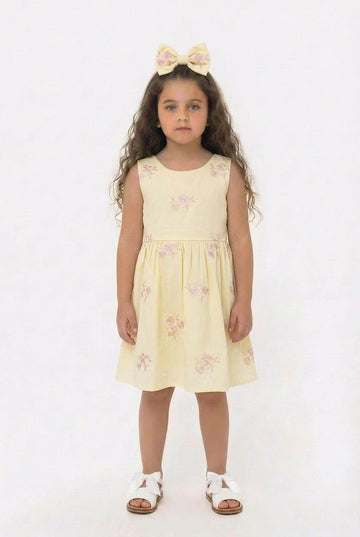 Girls Pale Yellow Embroidered Dress | Floral Occasion Dress 2–7 Years